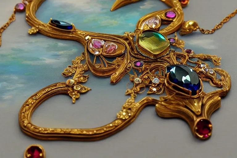 Prompt: highly detailed oil painting, very realistic gemstones, art nouveau, ornate, delicate, brilliant precious gemstones necklace, dramatic light,