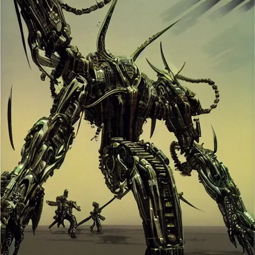 Image similar to a epic boss made by metal, cyberpunk style, super complex and instruct, epic stunning atmosphere, hi - tech synthetic rna bioweapon nanotech demonic monster horror by syd mead, michael whelan, jean leon gerome, junji ito