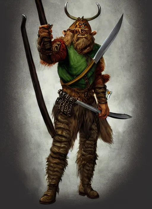 Image similar to strong young man, photorealistic bugbear ranger holding a flaming sword, black beard, dungeons and dragons, pathfinder, roleplaying game art, hunters gear, jeweled ornate leather and steel armour, concept art, character design on white background, by alan lee, norman rockwell, makoto shinkai, kim jung giu, poster art, colours red and green