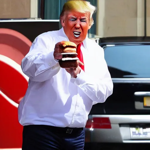 Image similar to Donald Trump eating a McDonald's burger with his small hands. 4k paparazzi photo