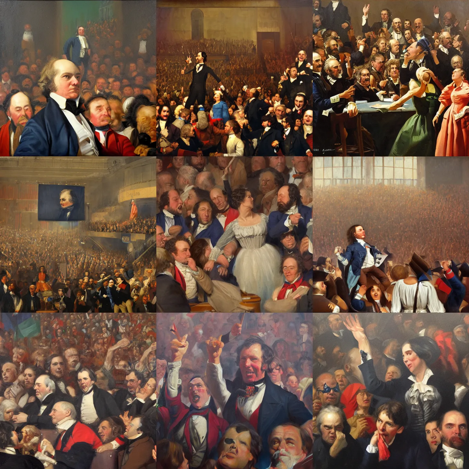 Prompt: shouting at the democratic national convention, 1840, inside the Kravitz Center. Oil on canvas portrait by Bertrand Levenson. Vivid, trending on Artstation