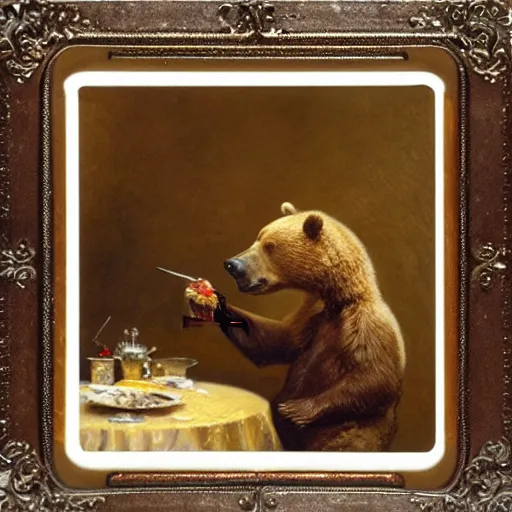 Prompt: polaroid photo of a bear eating cake, highly detailed painting by gaston bussiere, craig mullins, j. c. leyendecker