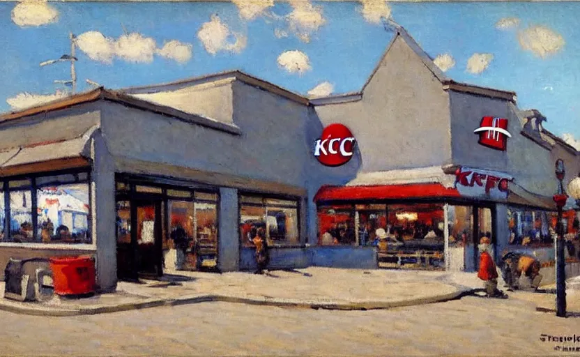 Image similar to exterior of a kfc, stanhope forbes, impressionist painting