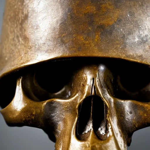 Image similar to close up shot of an old bronze patina statue of a skull with a samurai hat