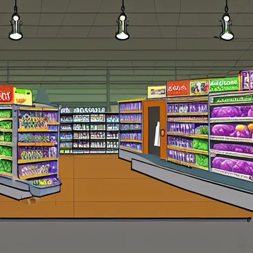 Image similar to an incredibly realistically drawn grocery store with a giant fat cartoon rabbit scp inside.