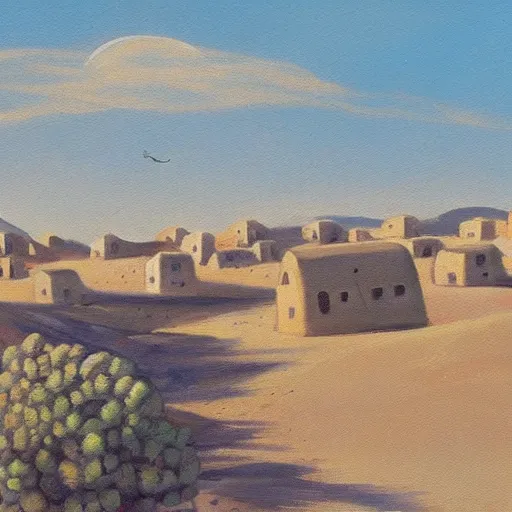 Image similar to a beautiful painting of a village in the desert, white houses, two suns