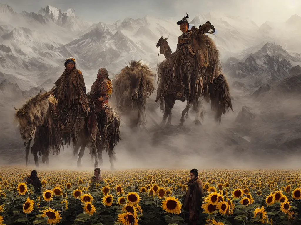 Image similar to a portrait of the mighty helianthus people, a nomadic mongolian tribe that worship the sunlight in a vast barren valley full of sunflowers that are withered dry, with glaciers peaking through fog in the distance, by Greg Rutkowski, Sung Choi, Mitchell Mohrhauser, Maciej Kuciara, Johnson Ting, Maxim Verehin, Peter Konig, Bloodborne, macro lens, 35mm, 8k photorealistic, cinematic lighting, HD, high details, atmospheric