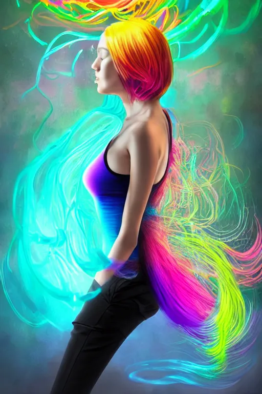 Image similar to a award winning half body portrait of a beautiful woman with stunning eyes in a croptop and cargo pants with rainbow colored ombre hairstyle head in motion and hair flying by thomas danthony, surrounded by whirling illuminated liquids, outrun, vaporware, shaded flat illustration, digital art, trending on artstation, highly detailed, fine detail, intricate