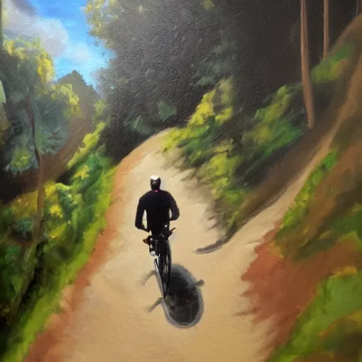 Image similar to man biking up a steep forest hill, sweaty. Oil painting. Emotional. Steep. Trees