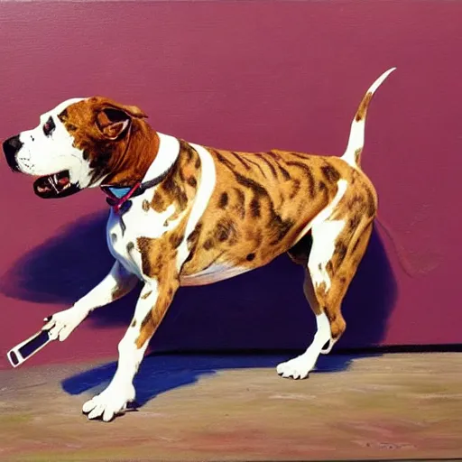 Image similar to pitbull with brindle coat and white paws and white chest on rollerblades. painting. oil painting. fun. energetic. colorful.