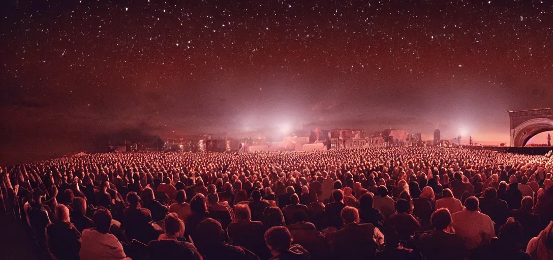 Image similar to a very high resolution image from a new movie. a beautiful concert during the night. photorealistic, photography, directed by stanley kubrick