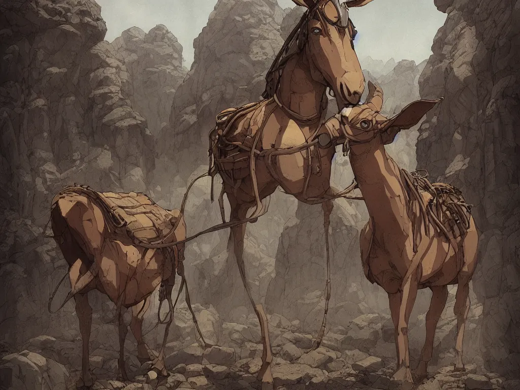 Image similar to A centered chest up portrait of an anthropomorphic mule, award winning. superb resolution. in the art style of junji Ito and greg rutkowski . by Michael Whelan and Tomer Hanuka. A pack mule. Detailed rustic bar in the background. Hyper realistic anime. Perfect art. Dalle2