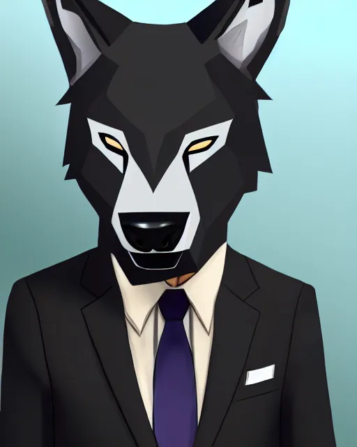 Image similar to a man in a suit and tie with a wolf mask on, a character portrait by kamagurka, extremely detailed, trending on deviantart, furry art, furaffinity, behance hd, official art