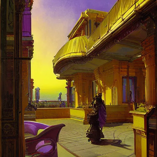 Prompt: painting of syd mead artlilery scifi organic shaped motel with ornate metal work, roman architecture, volumetric lights, purple sun, andreas achenbach