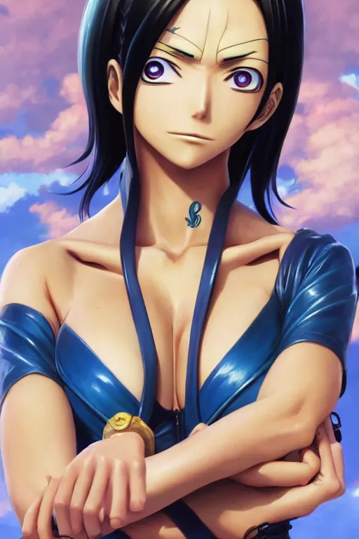 Image similar to Nico Robin in One Piece Anime,anatomy, only two hands, highly detailed, digital painting, artstation, concept art, smooth, sharp focus, illustration, Unreal Engine 5, 8K, art by art by artgerm and greg rutkowski and edgar maxence