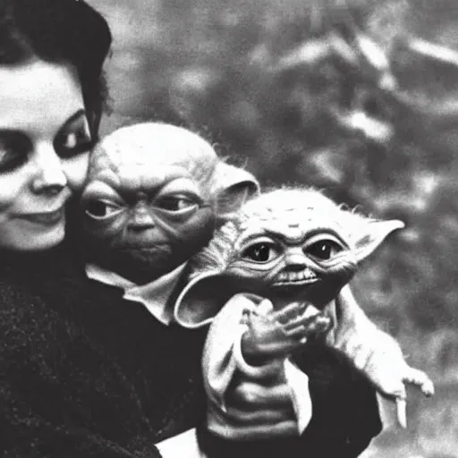 Prompt: Old photo of a hunter holding up the Yoda he caught
