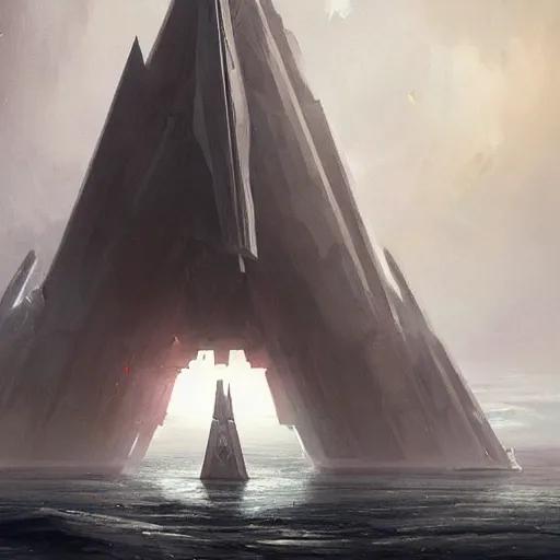 Image similar to star wars concept art by greg rutkowski, a palatial and imposing grey tall triangular pyramid tech tower emerging from the sea in the middle of a ocean landscape, enigmatic atmosphere, beautiful and cinematic lighting, artstation hq.