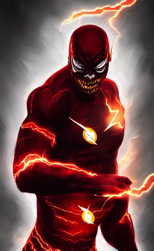 Image similar to portrait of venom as the flash, black and red, dynamic lighting, cinematic, ultra detailed, trending on art station, stunning visuals, creative, fantasy concept art