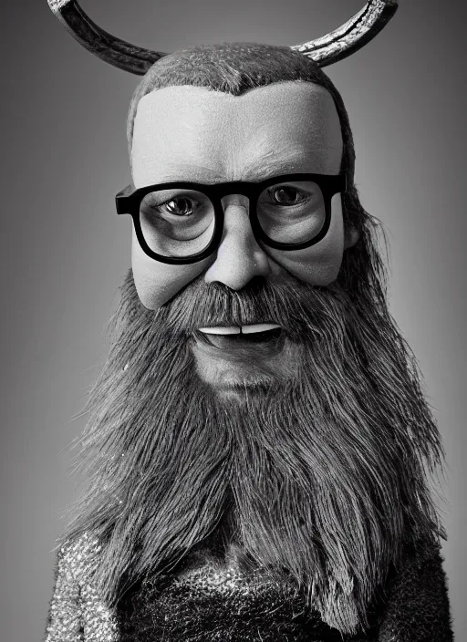 Prompt: 8 5 mm f 1. 8 photograph of a claymation happy viking wearing hipster glasses, highly detailed diorama, by erwin olaf and anton corbijn, smooth, sharp foccus, commercial photography, fashion shoot