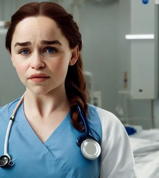 Prompt: emilia clarke as a nurse in a hospital, thicc detailed body, seductive eyes, wall lighting, healthcare setting
