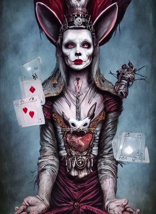 Image similar to Grumpy Queen of Hearts with White Rabbit, Death Tarot card,highly detailed,half skull face,cinematic,8k,by Stanley Artgermm,Tom Bagshaw,Greg Rutkowski,Carne Griffiths, Ayami Kojima, Beksinski, Giger,trending on DeviantArt,hyper detailed,horror, full of colour