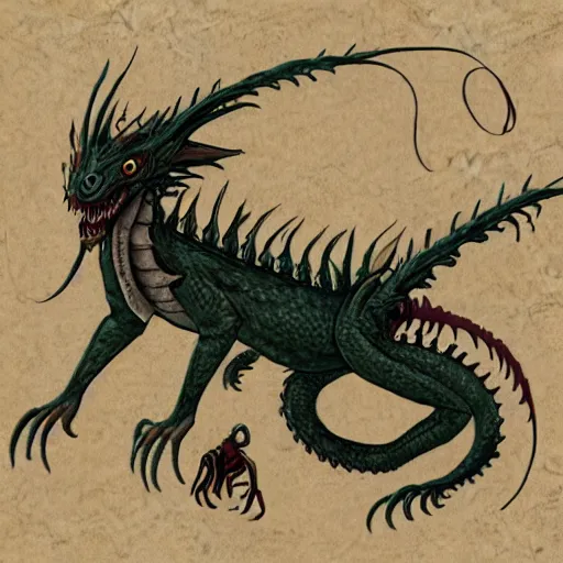 Image similar to Anthopomorphic dragon, lovecraftian horror, in the style of trevor henderson