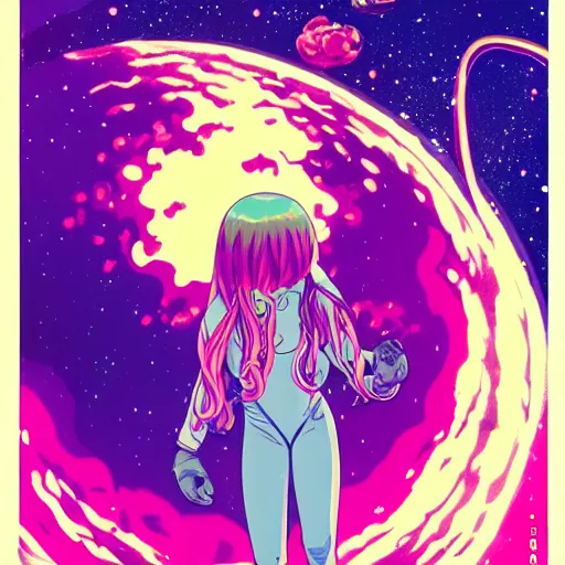 Prompt: dreamy portrait of a young astronaut girl, flowing hair, Hisashi Eguchi, Murata Range, synthwave, cosmic, kawaii,bright colors, big anime eyes,studio lighting, manga, anime, 1980s, vibrant, gradation, Jean Giraud, Mucha,((space background planets nebula space-station))