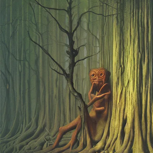 Image similar to forest goblin by Zdzisław Beksiński, oil on canvas