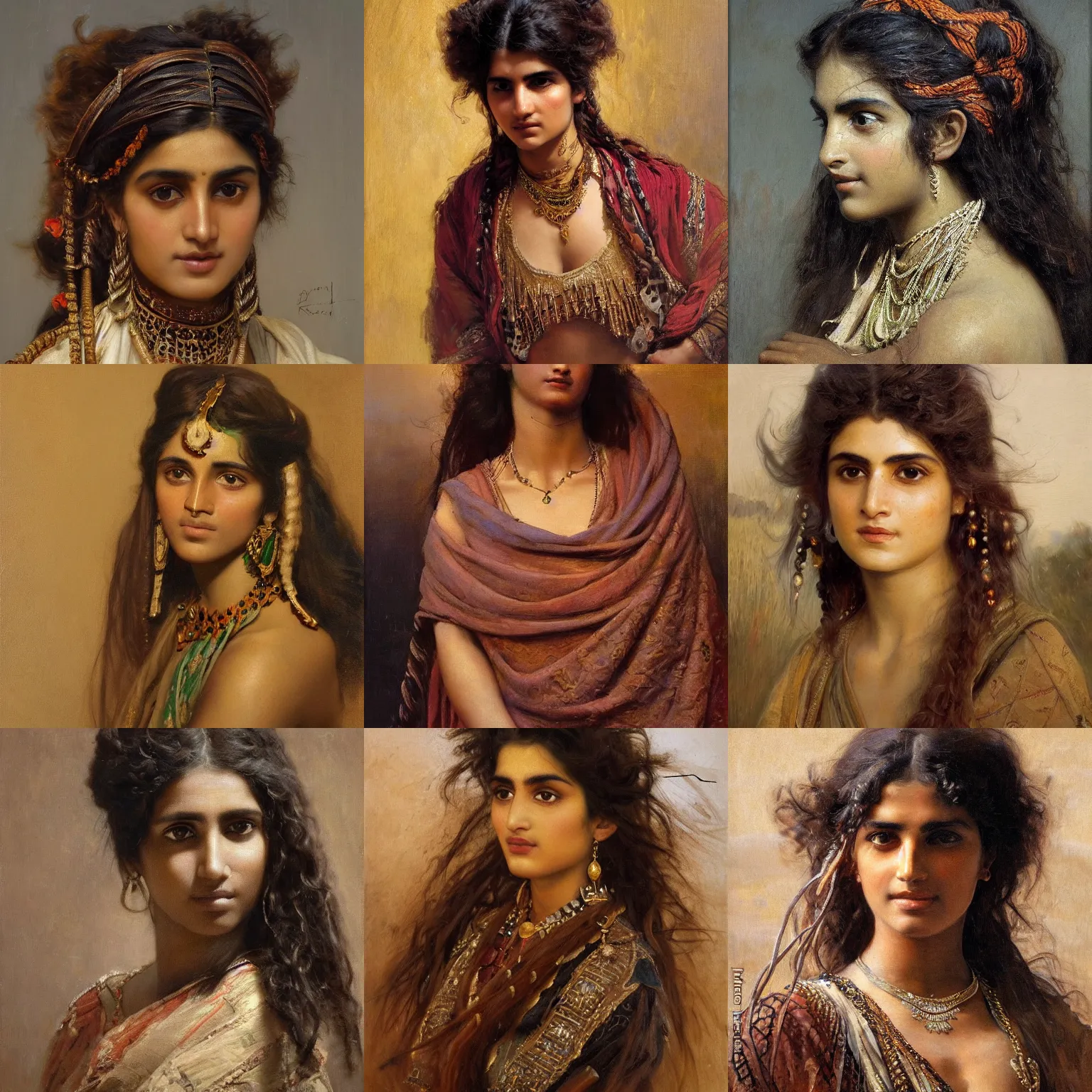 Prompt: beautiful pakistani young woman herder with wild hair orientalism face detail by theodore ralli and nasreddine dinet and anders zorn and edwin longsden long, bronze age, sword and sorcery, oil on canvas, masterful intricate artwork, excellent lighting, high detail 8 k