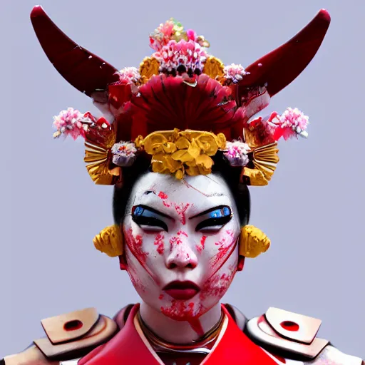 Prompt: geisha warrior ornated armor war paint, detailed, jewelry, sakura,photograph, award wining, red and white, trending on artstation, punk attitude, 4k, unreal engine 5, octane render, neon highlights