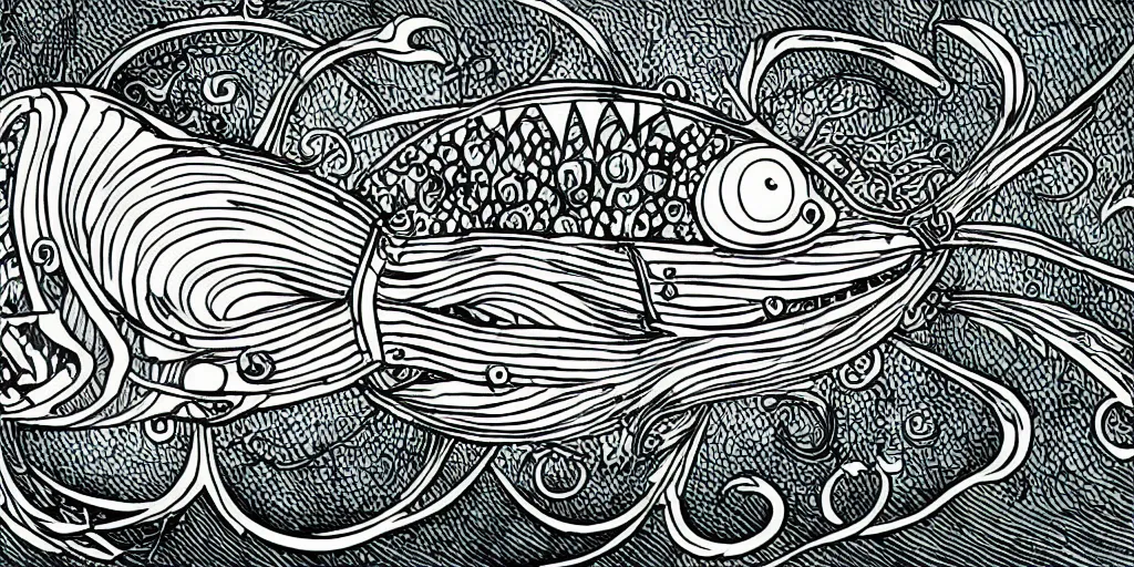 Image similar to illustration of an angler fish, lantern fish, deep sea, stylized linework, ornamentation, artistic, muted color wash