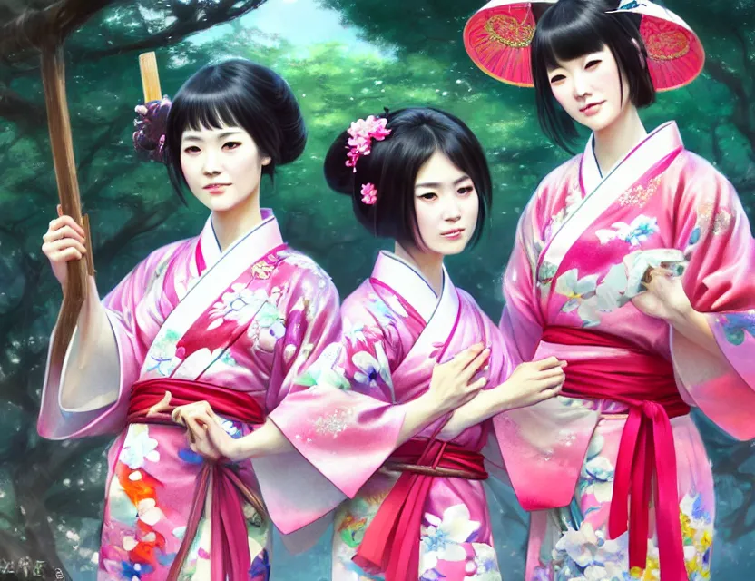 Image similar to two beautiful fashion taiwan girls wear fantasy yukata in festival | | big eyes, sunny, dreamlike art, realistic shaded, smile, good looking, fine details, 4 k realistic, cryengine, realistic shaded lighting poster by greg rutkowski, magali villeneuve, artgerm, jeremy lipkin and michael garmash and rob rey