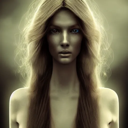 Image similar to A young beautiful female angelic-extraterrestrial-cyborg face with a very long neck, big detailed luminous eyes, thin nose, big lips, hair floating in the wind, Realistic, Refined, Digital Art, Pre-Raphaelite, Highly Detailed, Cinematic Lighting, rim light, dramatic, contraste black and white, photo-realistic Unreal Engine, 8K