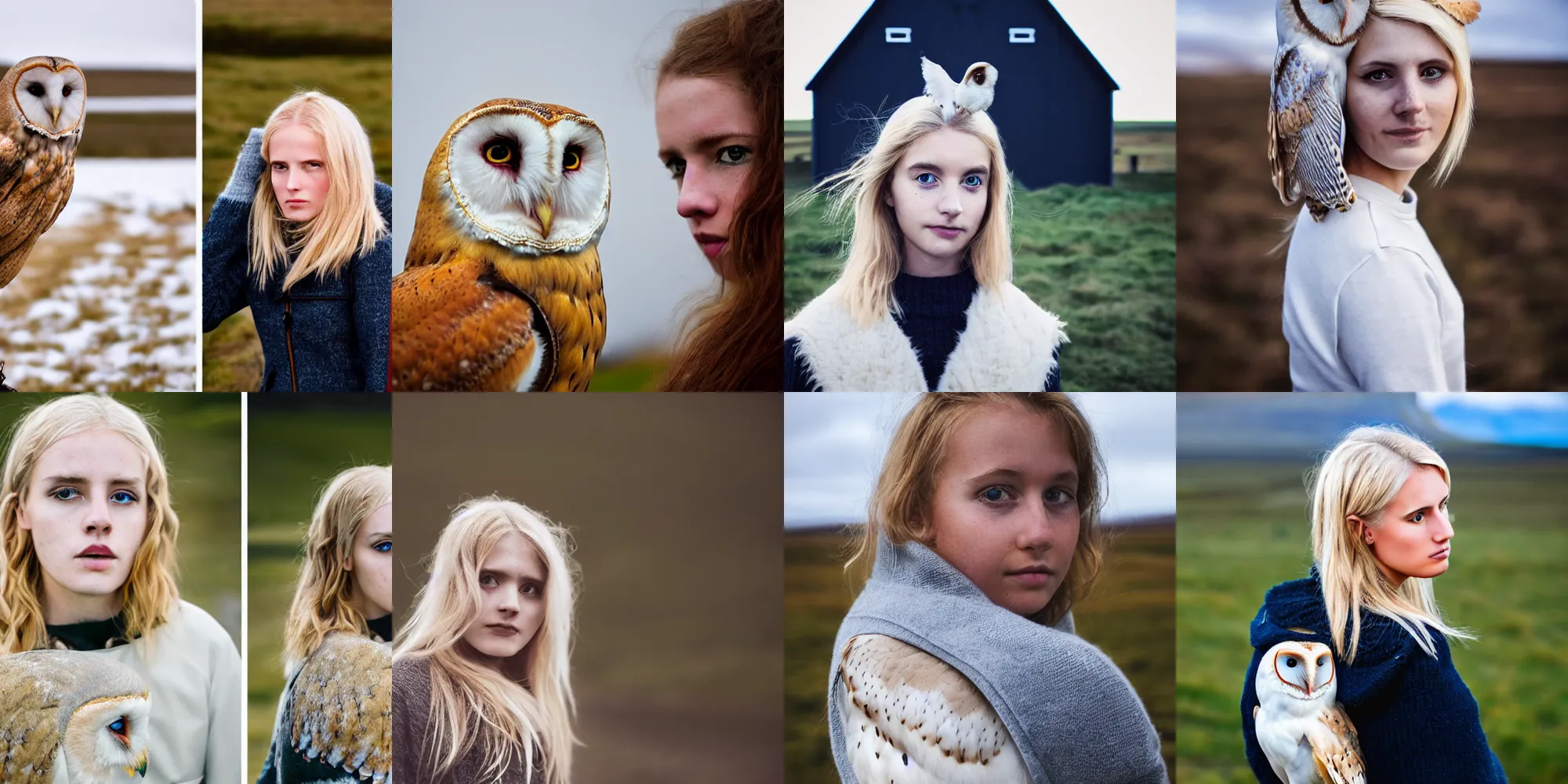 Prompt: symmetry!! medium shot portrait photograph. petzval lens. extremely pretty!!! young blonde female with symmetric face. with a very detailed barn owl!!!!! on her shoulder. in iceland. out of focus background. featured on flickr, art photography,