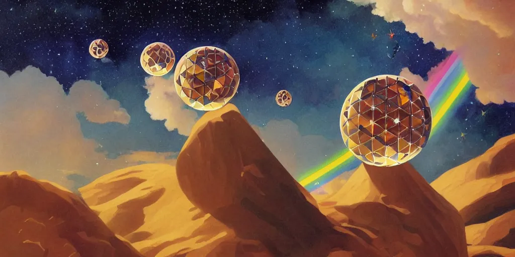 Image similar to a painting by ralph mcquarrie of floating molecules and a giant head icosahedron with stars, clouds, and rainbows in the background, trending on artstation, masterpiece, incredible details