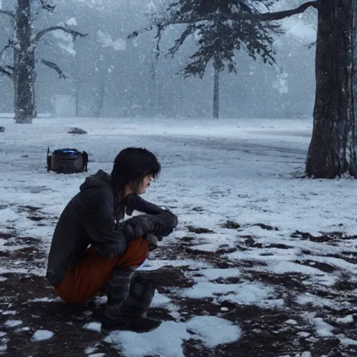 Image similar to a movie still from final fantasy live action, a traveler camping alone in the snow