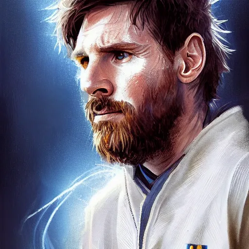 Image similar to portrait of lionel messi by greg rutkowski, cade skywalker, messy blond hair, beard, tall and muscular, star wars expanded universe, he is about 3 0 years old, wearing a flying jacket, distrustful and arrogant, highly detailed portrait, digital painting, artstation, concept art, smooth, sharp foccus ilustration, artstation hq