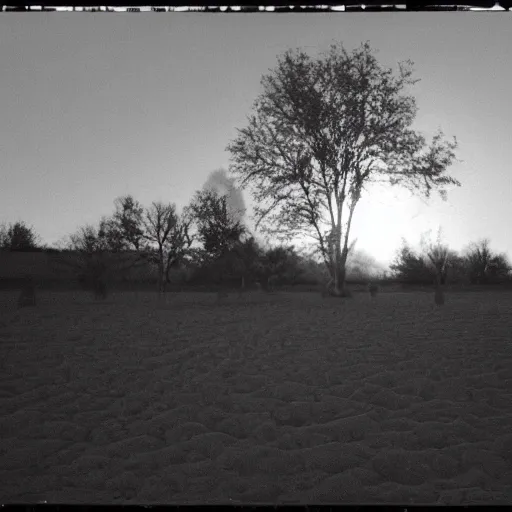 Prompt: a bright light covering the sky, dirt ground, dust, taken on a ww 2 camera, very high bloom ammount, realistic.