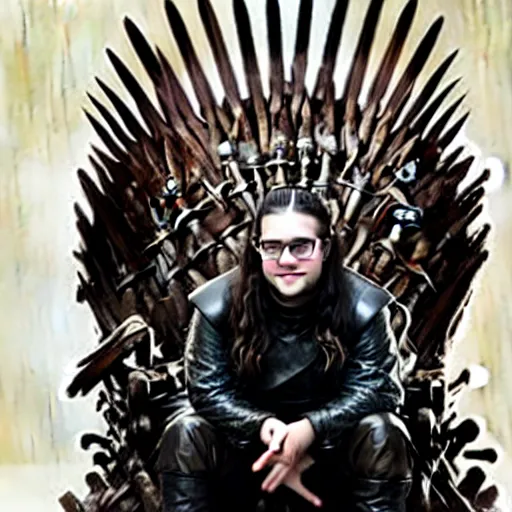 Prompt: skrillex sitting on the iron throne of game of thrones