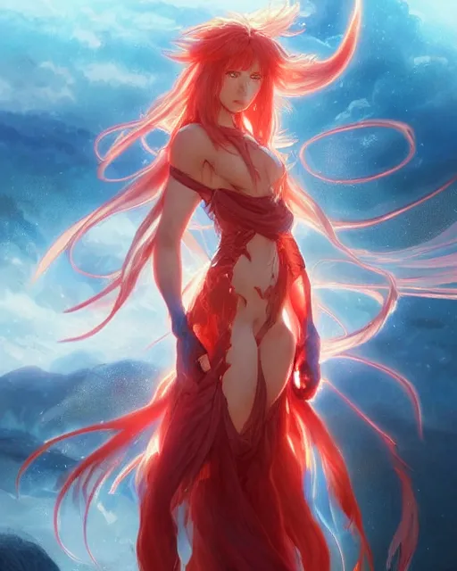 Image similar to red eyed beautiful long haired anime girl, fire dress, full body photo, flames everywhere, highly detailed, digital painting, artstation, concept art, smooth, sharp focus, illustration, art by artgerm and greg rutkowski and alphonse mucha