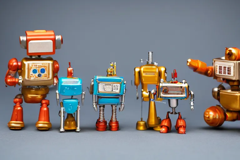 Prompt: miniature figurines of 1 9 5 0 s robot toys, tilt shift, product photography