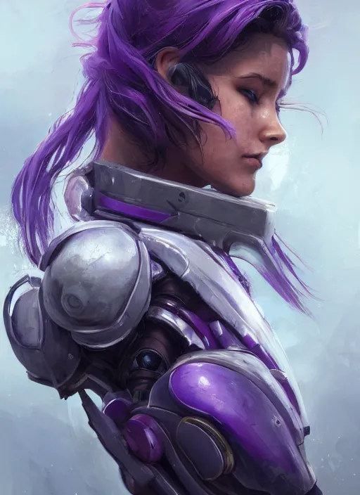 Prompt: close up painting, woman with brown eyes, sci - fi armor, purple flowing hair, beautiful, grizzled face, gorgeous, face visible, scars, eyeliner, cinematic lighting, eva suit, wallpaper, extremely detailed, sharp focus, by greg rutkowski and [ [ [ wlop ] ] ], intricate, beautiful, award winning, trending on artstation, pixiv