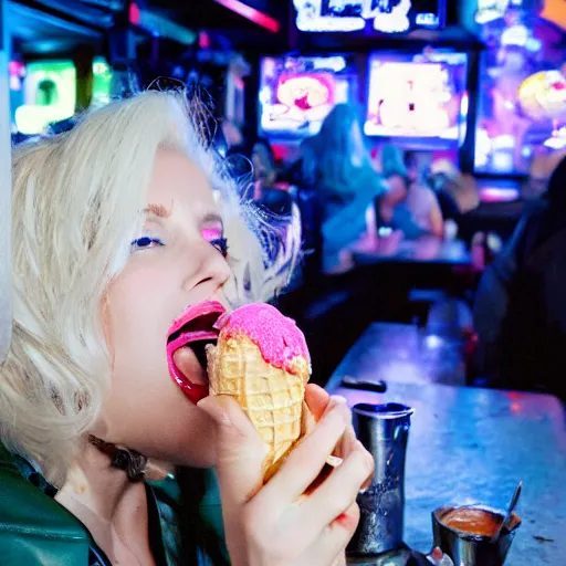 Image similar to marilyn manroe licking a melting ice cream cone sitting in a cyberpunk pub