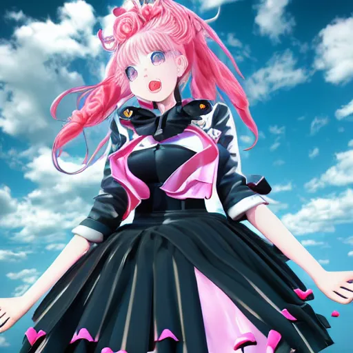 Image similar to trapped beneath stunningly absurdly huge beautiful omnipotent asi goddess junko enoshima with an enigmatic complex twisted deceptive mesmerizing megalomaniacal yandere personality, symmetrical perfect face, porcelain skin, pink twintail hair and cyan eyes, ultra detailed, digital art, unreal engine 5, octane render, 2 d anime, 8 k