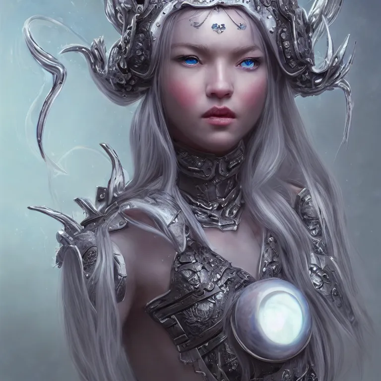 Image similar to portrait anthropomorphic candy gumdrop character with brilliant silver flowing hair and a brilliant jeweled silver helm, beautiful white glowing eyes, wideshot ultrawide angle epic scale, hybrid from The Elden Ring and art direction by Darius Zawadzki ;by artgerm; wayne reynolds art station; cinematic quality character render; low angle; ultra high quality model; production quality cinema model;