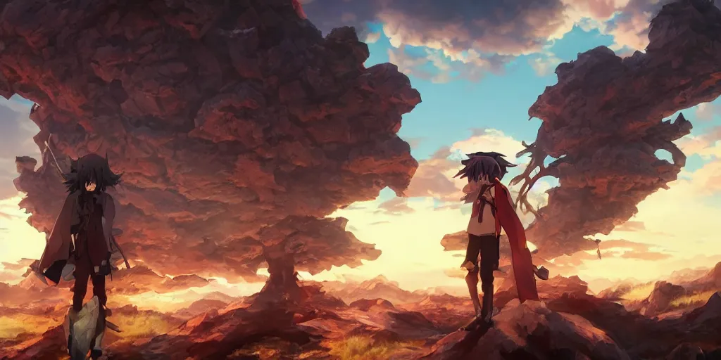 Prompt: isekai masterpiece anime man standing tree log looking up at giant crystals, high noon, cinematic, very warm colors, intense shadows, ominous clouds, anime illustration, anime screenshot composite background by mandy jurgens, by irina french, by rachel walpole, by alyn spiller