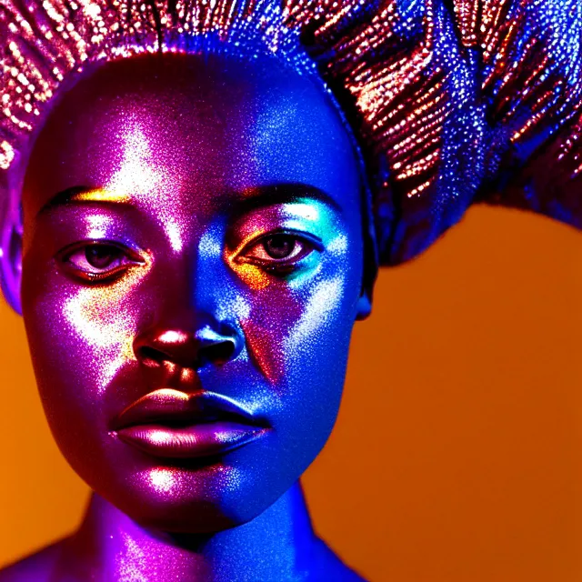 Image similar to portrait of iridescent metallic face, african woman, reflections, smooth, proud looking away, outdoor, blue sky, 8 k, realistic, depth of field, highly detailed, award winning photography, by richard mosse