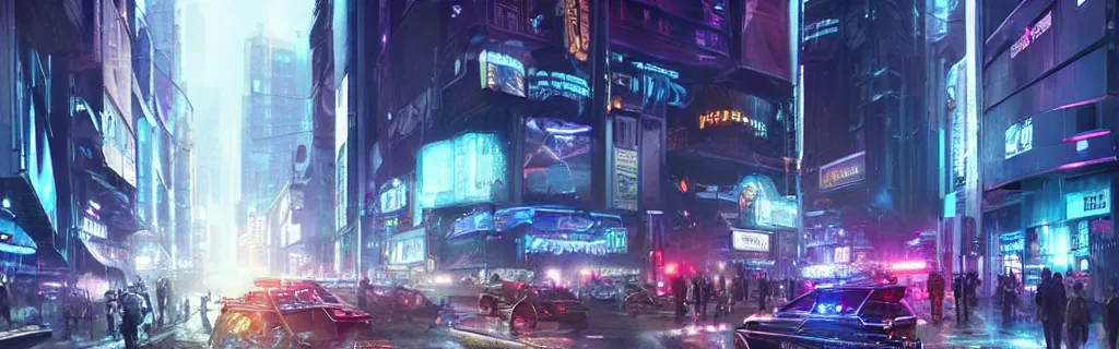 Prompt: a busy cyberpunk street with a heavy police presence. 8 k, epic cinematic hyperrealism masterpiece. realistic poster with shaded lighting by craig mallismo, artgerm, jeremy lipkin and michael garmash, unreal engine, radiant light, detailed and complex environment, digital art, art station trends, detailed, lens flare, motion blur