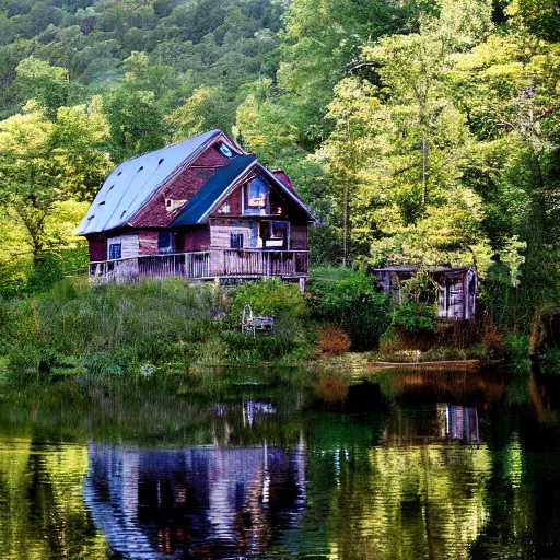 Prompt: house on the mountain around water