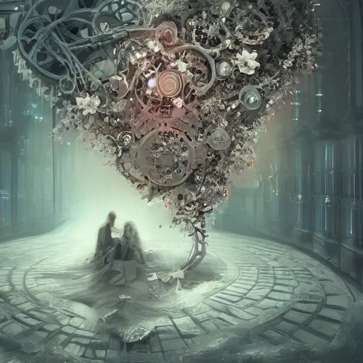 Image similar to biocomputer heart with white biocomputer flowers and biomechanical flowers, intricate environment, matte painting, diffused lighting, highly detailed cinematic, epic composition, highly detailed, atmospheric, wide angle, artstation trending